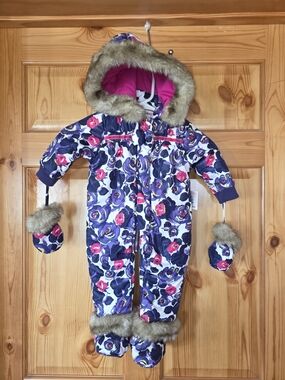 Juicy Couture Navy, Pink & White Floral Puffer Snowsuit with Faux Fur Trim